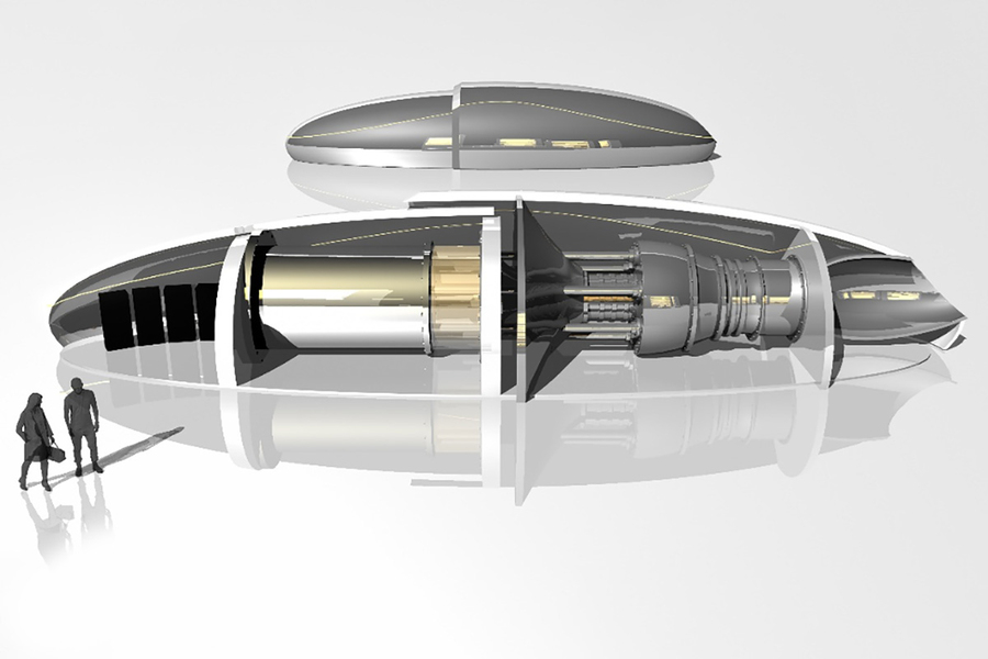 A cutaway 3D rendering of a large disc-shaped spacecraft or reactor concept, with two human silhouettes shown for scale.