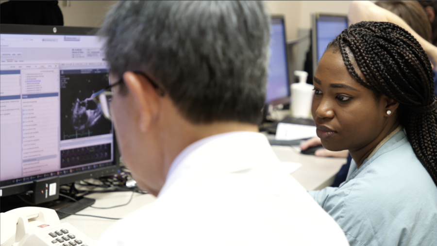 Two healthcare professionals reviewing a cardiac ultrasound image on a clinical workstation monitor.