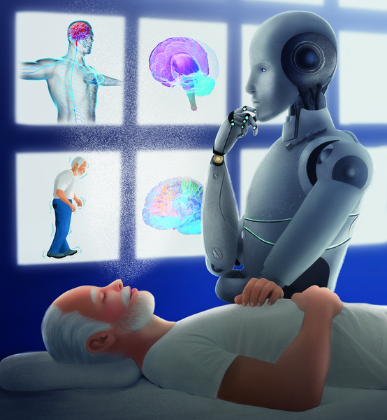 Illustration of a humanoid robot attending to an elderly man lying in bed, with medical diagrams of the brain and nervous system displayed in glowing panels behind them.