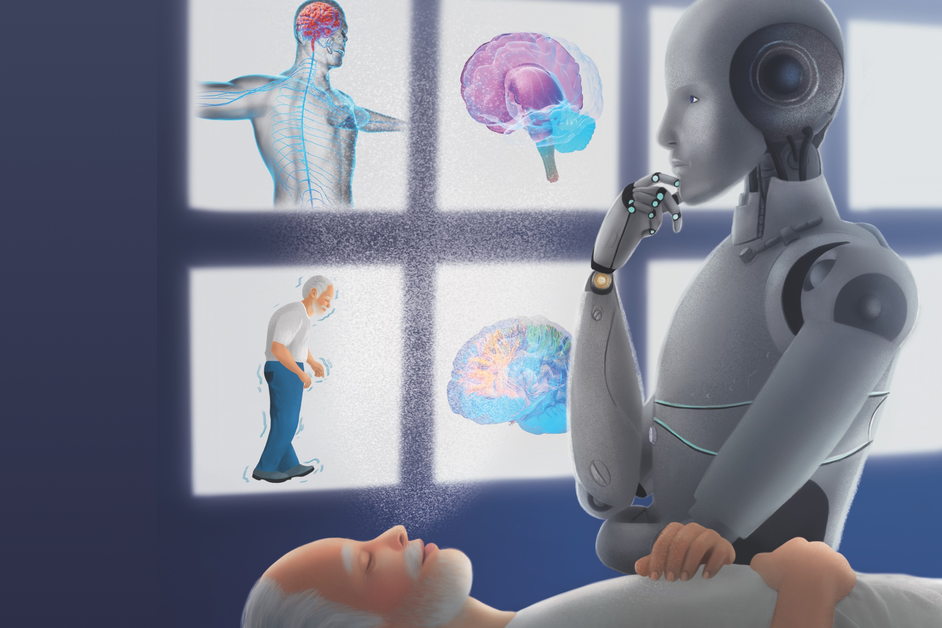 Illustration of a humanoid robot attending to an elderly man lying in bed, with medical diagrams of the brain and nervous system displayed in glowing panels behind them.