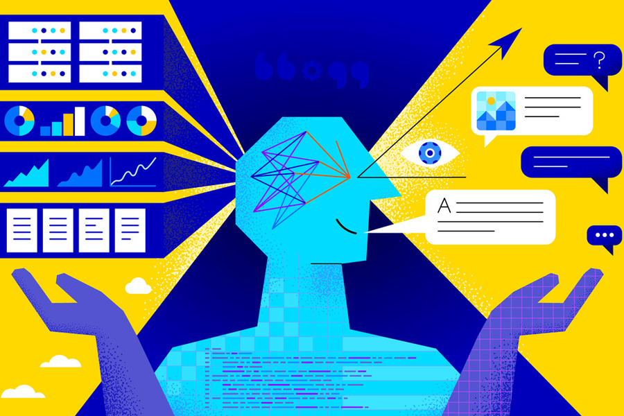 An illustration of a stylized human figure with a neural network inside its head, surrounded by data charts on the left and chat bubbles and an eye on the right, against a bold blue and yellow background.