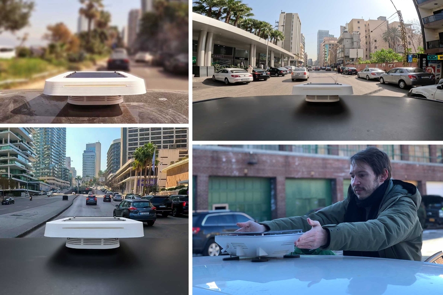Four-panel collage of a low-profile white air quality monitoring device mounted on car rooftops in urban street settings, with a researcher installing the sensor in the bottom right panel