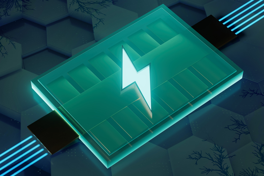 A 3D illustration of a translucent green battery cell featuring a glowing white lightning bolt symbol.