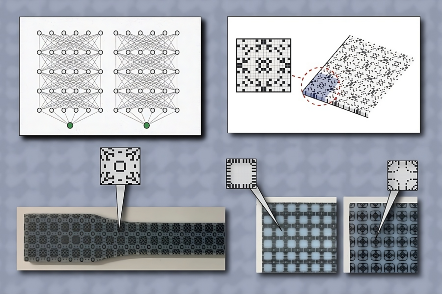 Technical diagrams displaying neural network architecture, pattern recognition visualization, and microscopic cross-section images of materials with pixelated patterns.