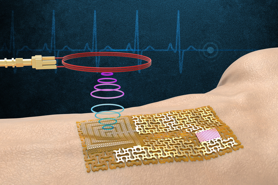 Scientific illustration of a chip-free wireless skin sensor patch made of gold lattice mesh applied to a wrist, with a wireless reader coil transmitting cardiac waveform data shown against a teal background.