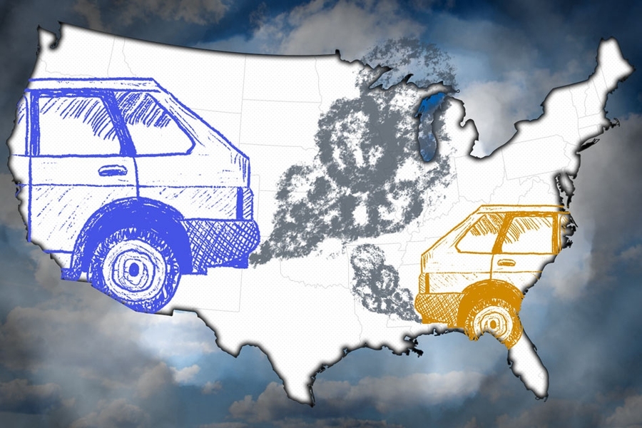 Illustrated map of the United States showing vehicle emissions as gray pollution clouds drifting across state lines, with sketched vehicles in blue and gold on the west and southeast.