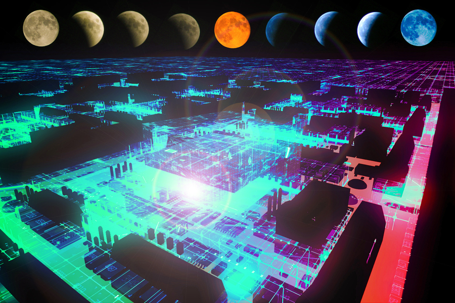 A glowing, futuristic digital cityscape beneath a sequence of moons in various phases and colors.
