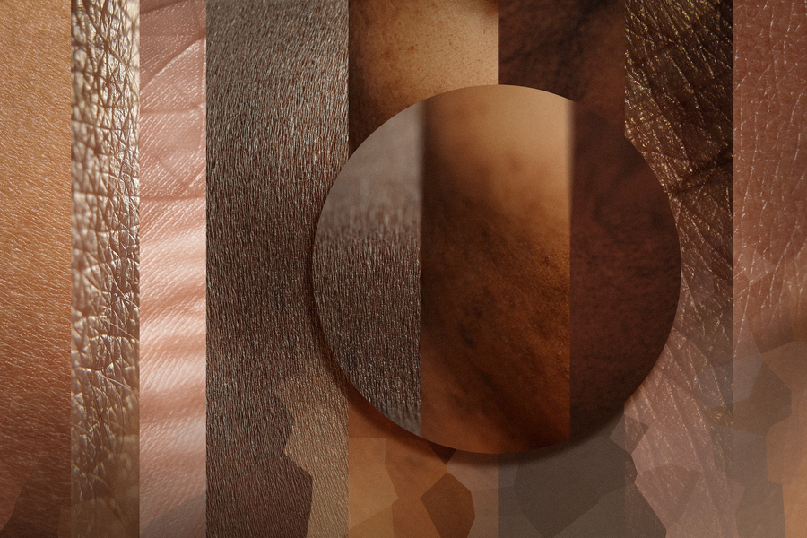 A close-up abstract collage of diverse skin textures and tones arranged in vertical strips with a circular overlay.