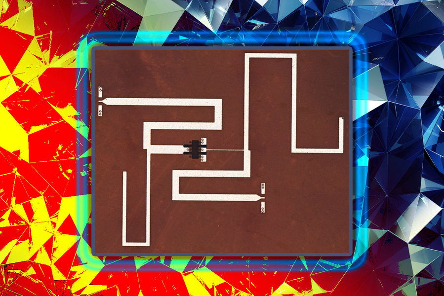 A square microchip with white, maze-like circuitry paths, set against a bright, abstract geometric background.