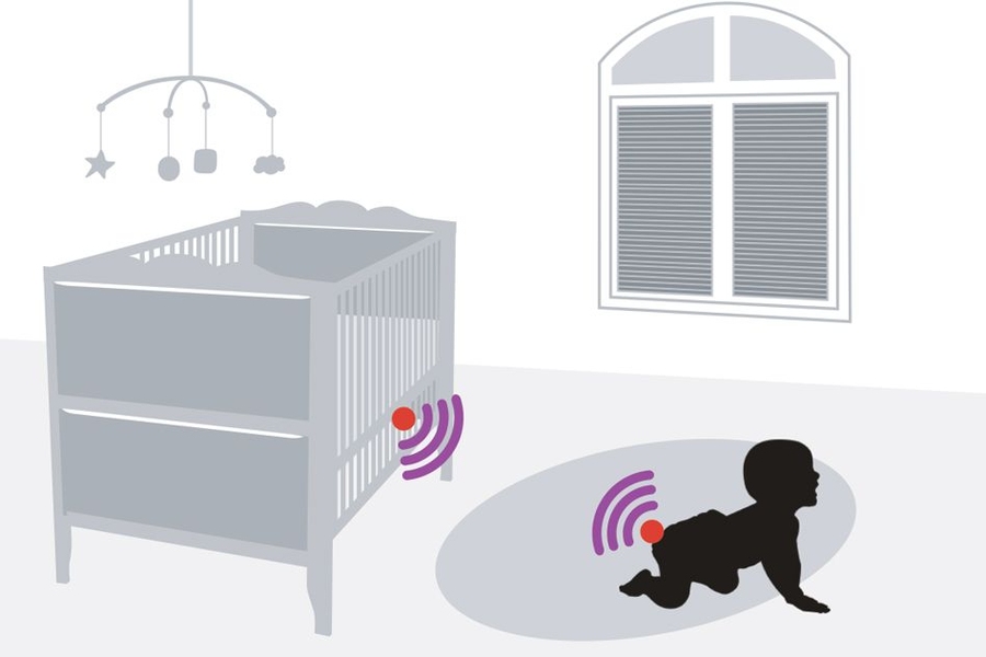 An illustration of a nursery with a baby crib and a crawling infant, each tagged with a wireless signal icon indicating RFID tracking.