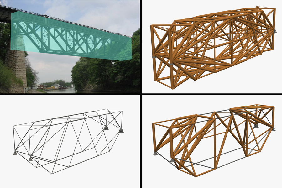 A four-panel graphic showing a real railway bridge alongside three 3D computer models of its truss structure at different stages of optimization.