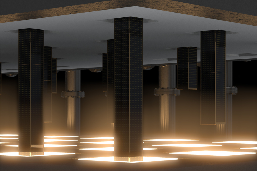 Rendering of illuminated pillars supporting a flat surface, glowing from below in a dark environment.