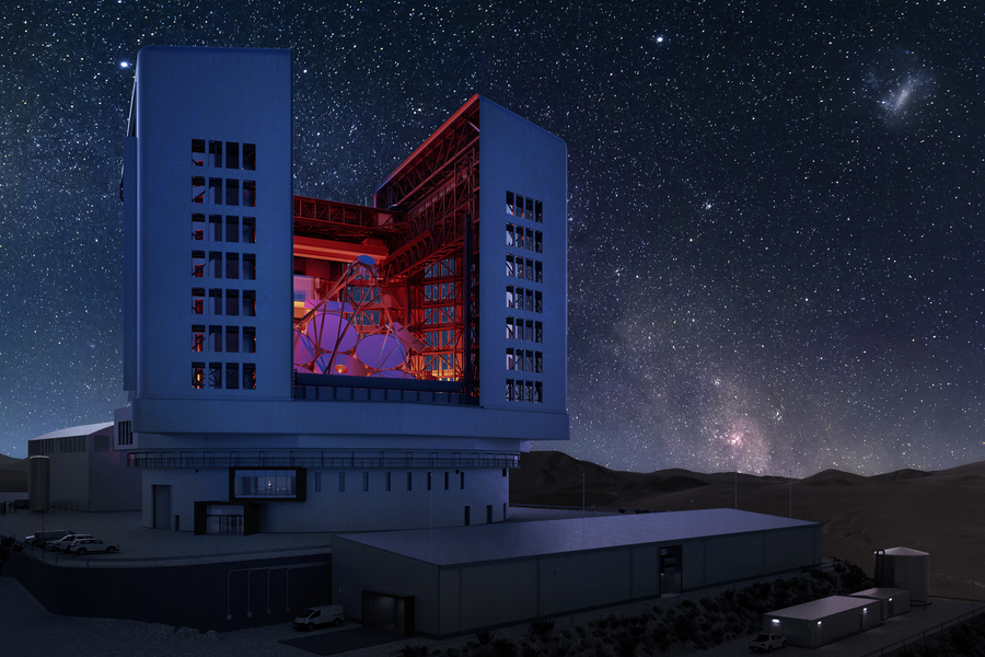 Modern observatory building with illuminated red neon signage on facade, set against starry night sky and desert landscape.
