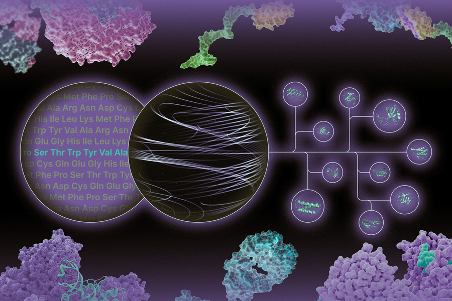 Conceptual graphic of protein sequences and network diagrams surrounded by colorful protein structures.