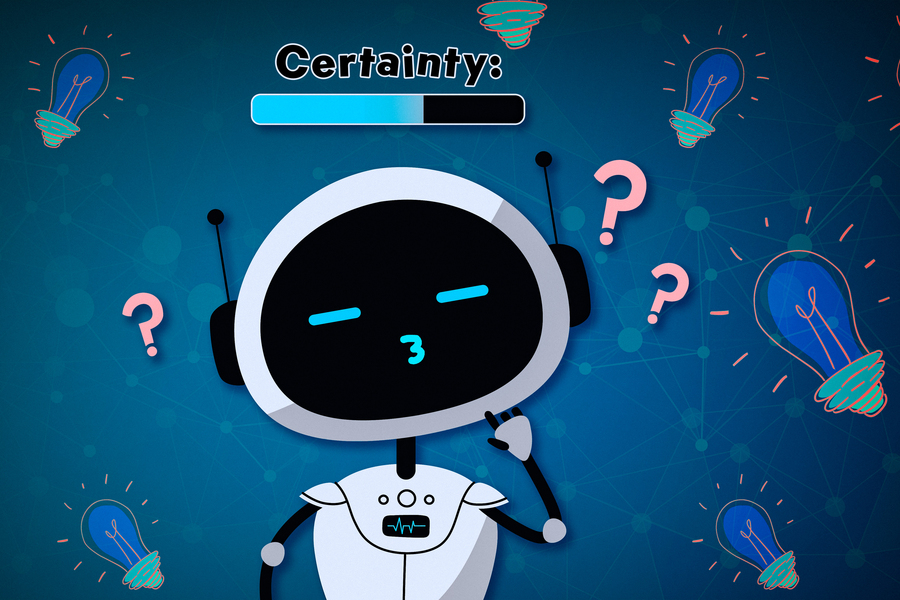 Illustration of a robot with a “certainty” progress bar hovering above, surrounded by question marks and lightbulbs.