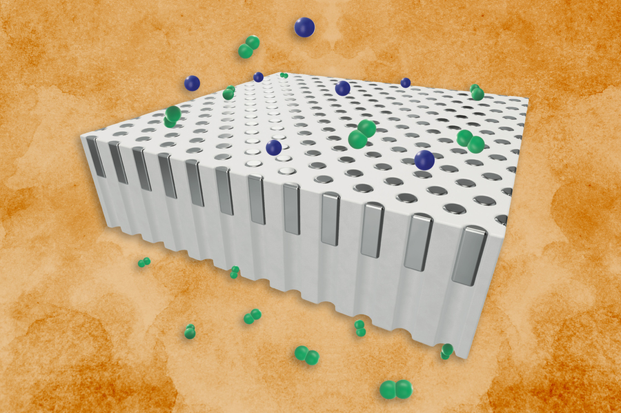 Illustration of a white, rectangular filter block with multiple circular holes on its top surface and vertical metallic strips along the sides. Green and blue molecular models float around and above the filter, representing gas molecules interacting with the porous material. The background is a textured orange surface.