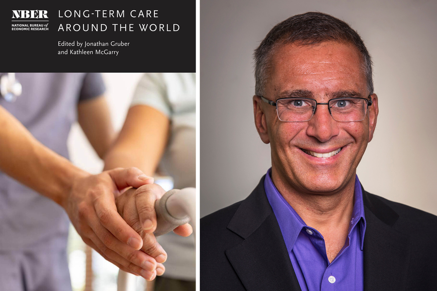 Side-by-side of the NBER book cover for "Long-Term Care Around the World" edited by Jonathan Gruber and Kathleen McGarry, alongside a headshot of Professor Gruber smiling in a purple shirt.