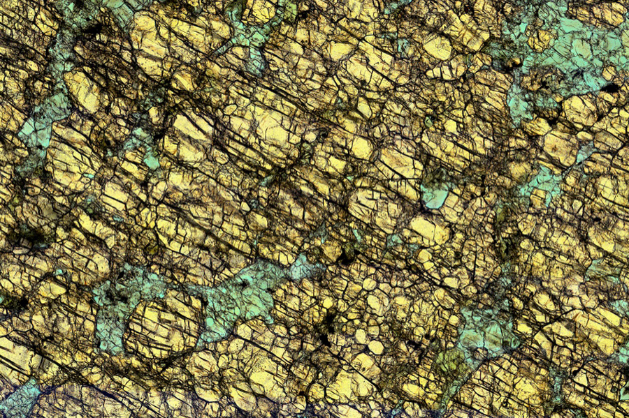 Polarized light microscopy image of a volcanic rock thin section showing tightly interlocking yellow olivine crystals with black fracture networks and teal serpentinite mineral infill, related to magma-water interaction research