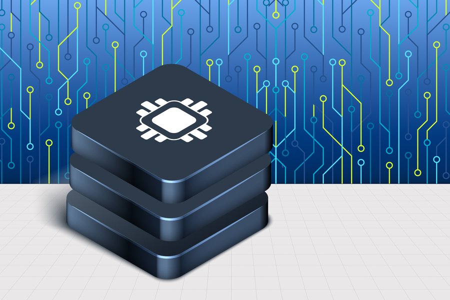 3D illustration of a stacked computer chip icon in front of a blue circuit‑pattern background.