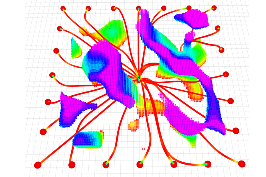 A 3D data visualization showing red lines radiating from a center point to perimeter nodes, routing around colorful, irregular topographical shapes on a white grid.