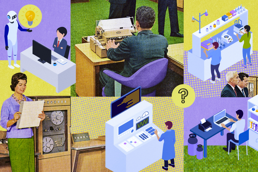 A collage blending vintage photos of workers using typewriters and early reel-to-reel computers with modern illustrations of people in contemporary labs, using laptops, and interacting with a robot.
