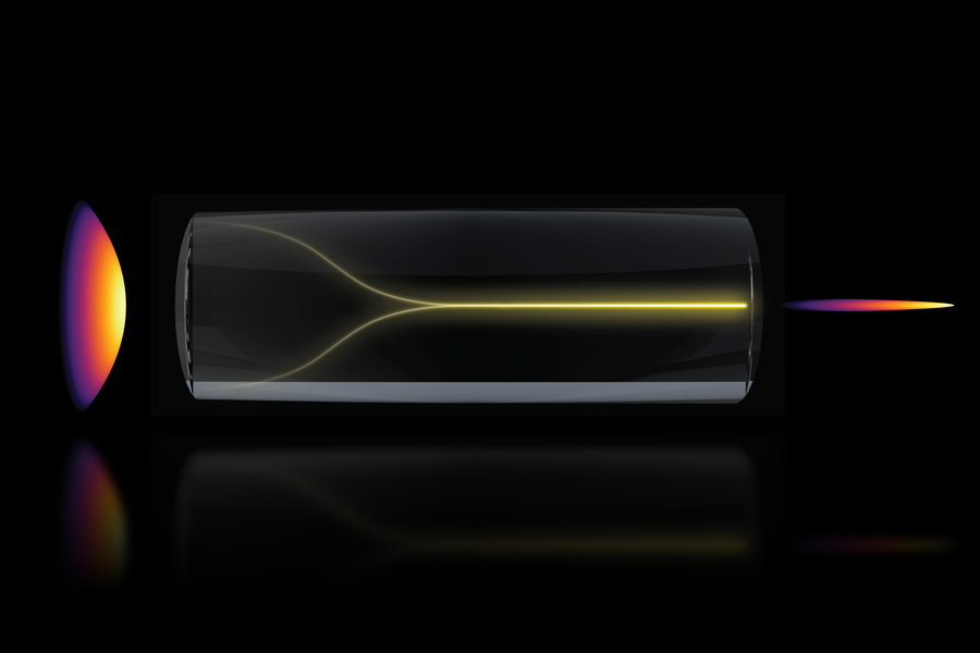 Stylized illustration of light passing through a cylindrical optical device, forming a focused beam.