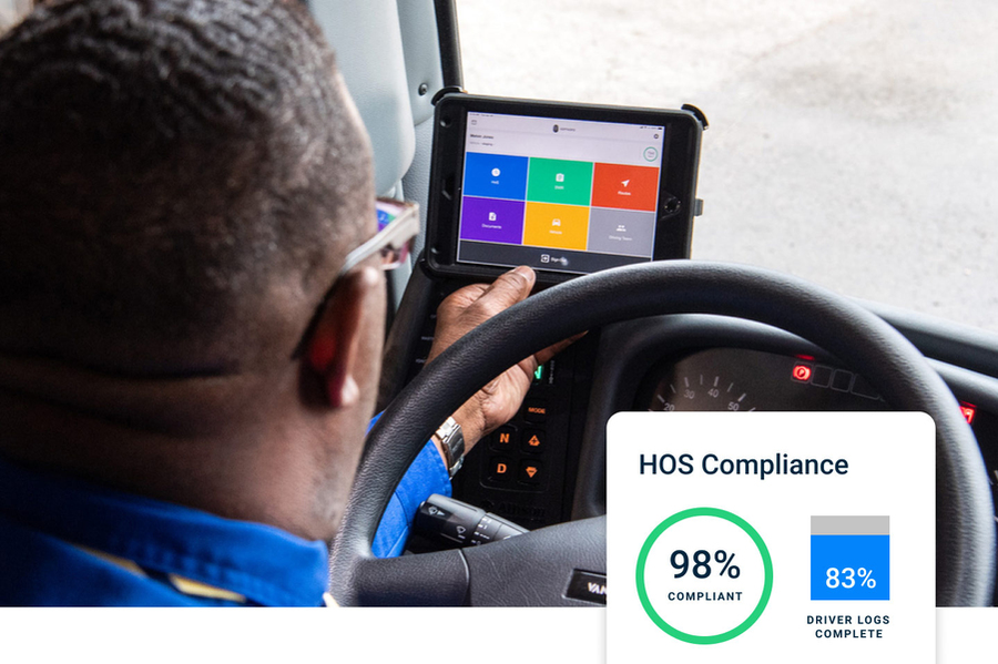A driver looks at a mounted tablet displaying a color‑coded compliance dashboard, with an inset graphic showing HOS compliance percentages.