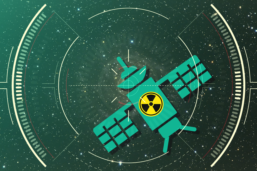 An illustration of a teal satellite bearing a yellow nuclear symbol, centered within a circular targeting reticle against a starry space background.