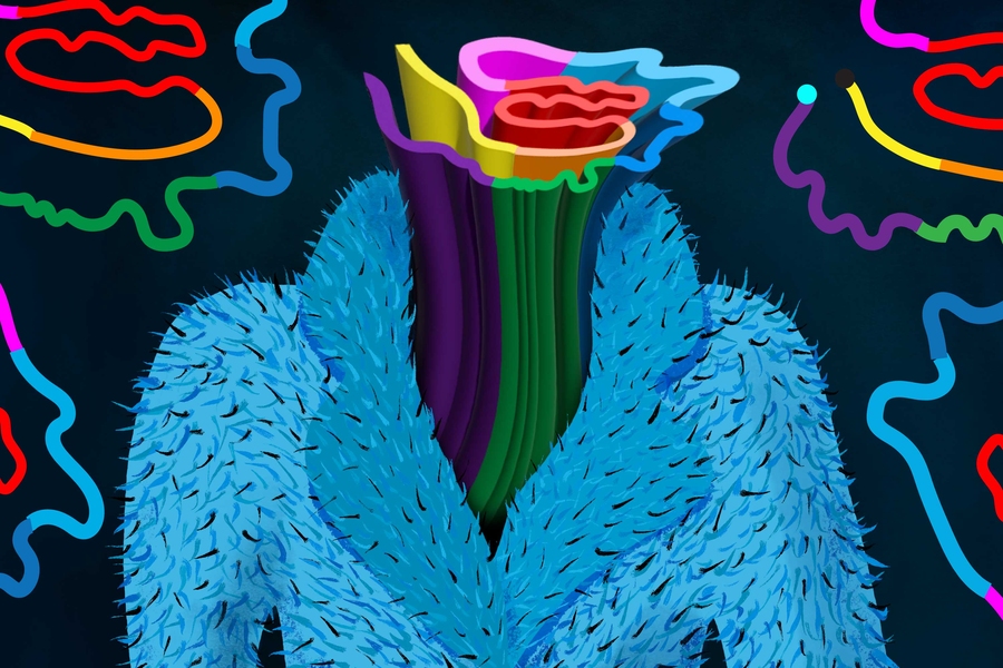 Abstract artwork showing a fuzzy blue, coat-like form with a multicolored, flower-like structure at the top, surrounded by wavy neon lines on a dark background.