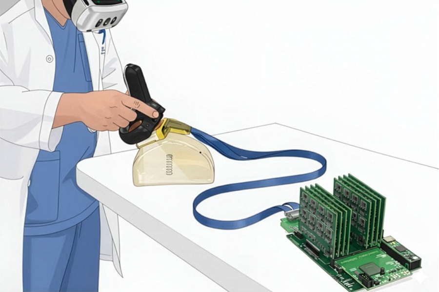 An illustration of a clinician using a handheld scanning probe on a clear tissue model, connected by a blue ribbon cable to a multi-layered green circuit board.
