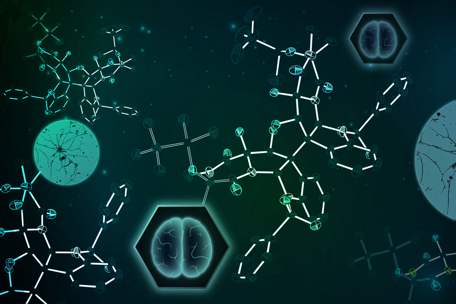Abstract illustration of glowing molecular structures with brain icons and neuron-like circles on a dark teal background.