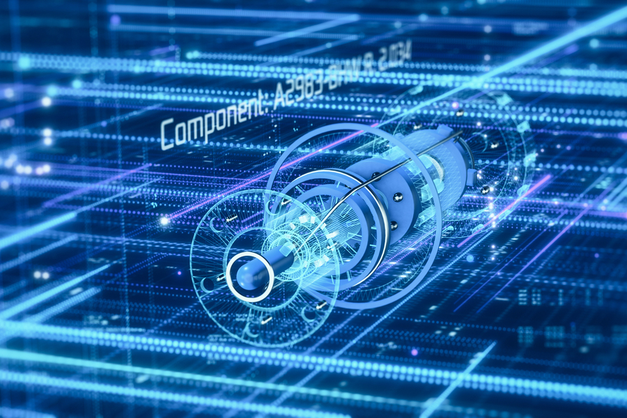 Futuristic digital rendering of a cylindrical mechanical component surrounded by glowing blue circuits and data streams, with the text "Component: A3987" displayed in the background.