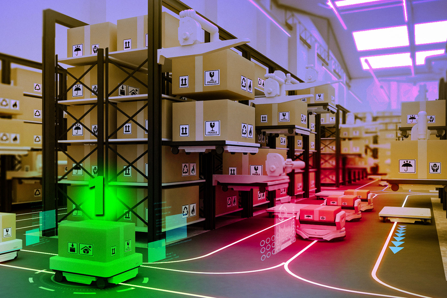 Automated warehouse scene with stacked boxes, robotic carriers, and glowing guidance lines on the floor.