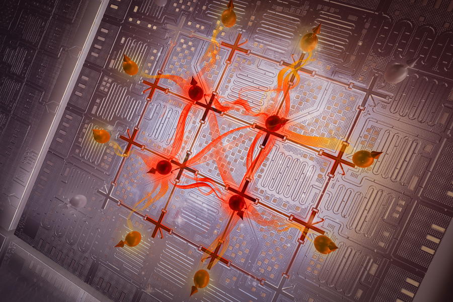 An artistic rendering of a quantum chip with glowing red connections and orange particle-like elements illustrating entanglement across a grid of circuit components.