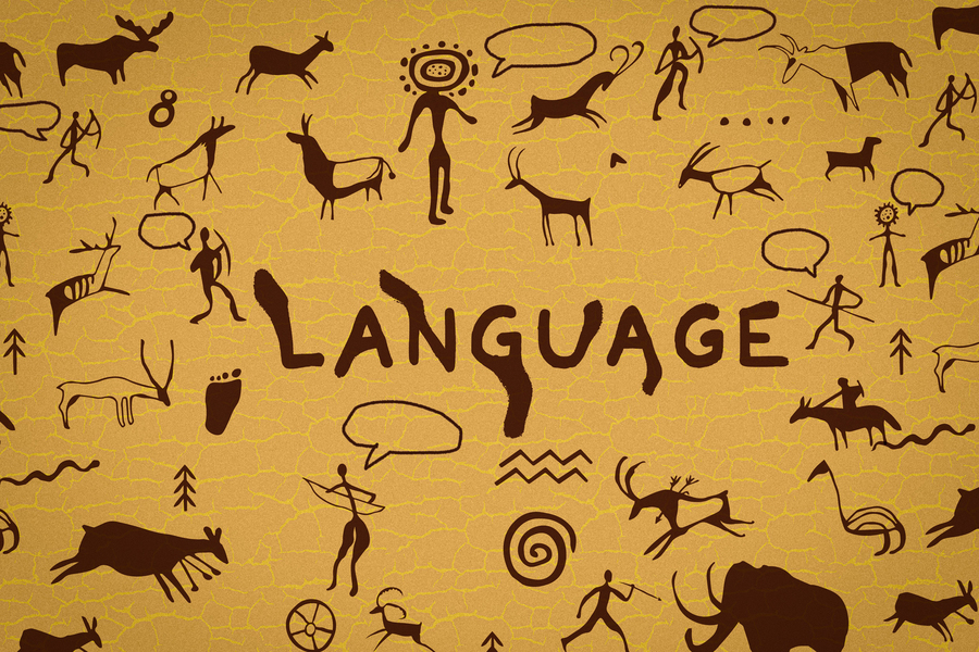 Gold background with brown cave art style silhouettes of humans, animals, and tools surrounding the word "LANGUAGE" in center.