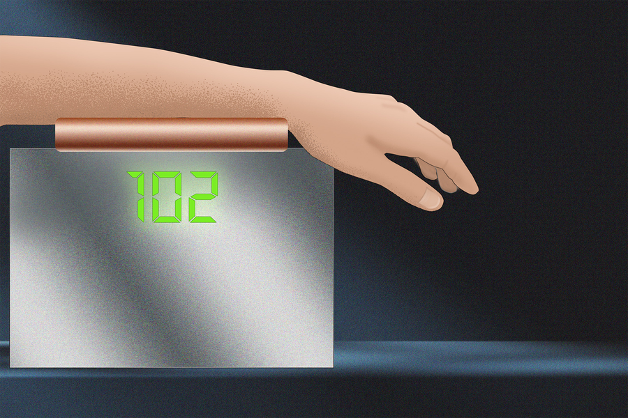 Illustration of a hand resting on a sensor bar above a digital device displaying the number 102.