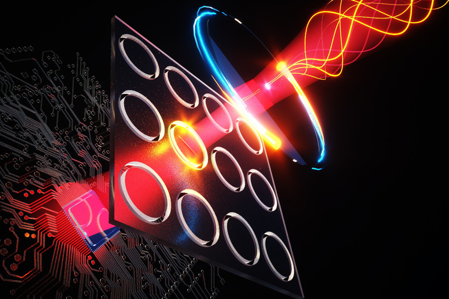 An artistic rendering of a sensor array emitting and receiving red and orange light beams, connected to a circuit board on the left and a lens on the right, against a black background.