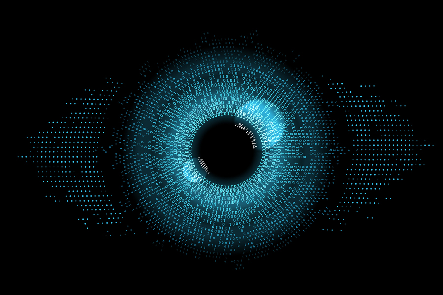 Abstract blue digital eye made of binary code patterns on a black background.