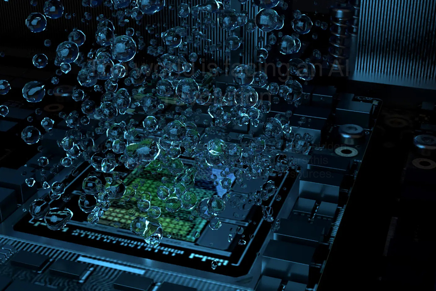 A 3D illustration of water droplets floating above a glowing computer microprocessor.