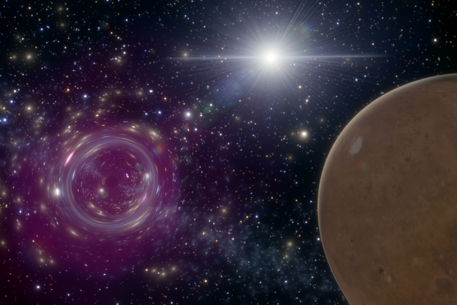 Cosmic scene featuring a bright star, purple spiral galaxy, and tan planet surrounded by stars against dark space.