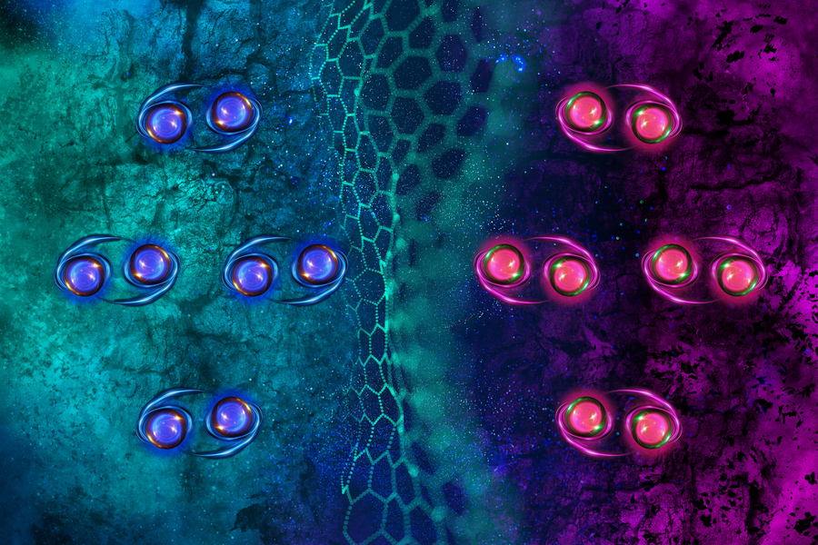 Abstract scientific illustration of electron Cooper pairs on either side of a graphene lattice barrier, depicted as glowing orbs in blue and pink against teal and purple backgrounds.