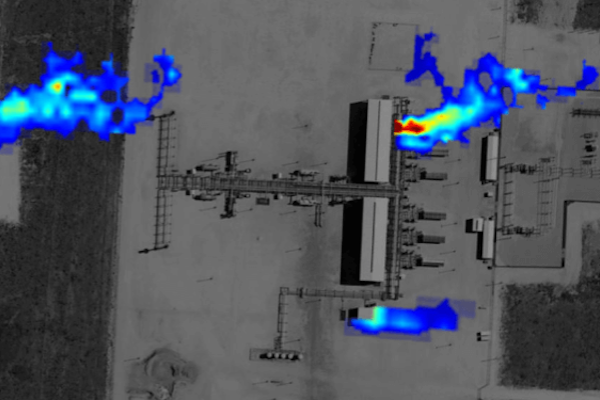 Methane plumes, as detected by Gas Mapping Lidar, overlay imagery of a gas production site. 