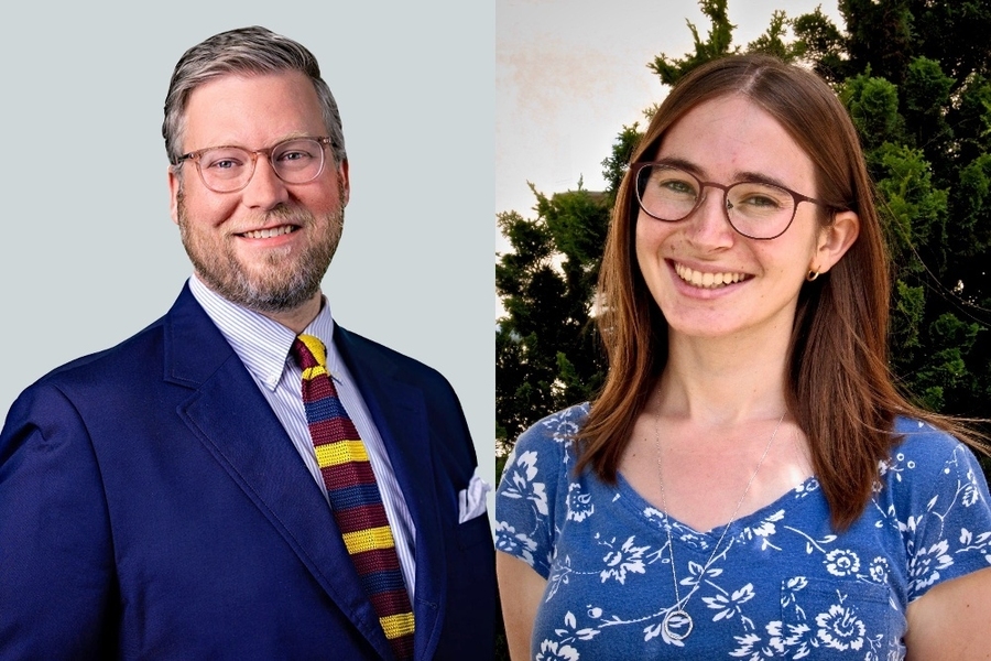 Side-by-side headshots of a man in a navy suit with a striped tie and a woman in a blue floral top, both wearing glasses and smiling.