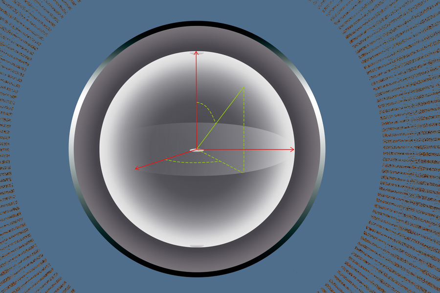 Scientific illustration of a qubit represented as a sphere with red and green vector arrows indicating quantum state orientation, flanked by rows of circuit elements on a blue background.