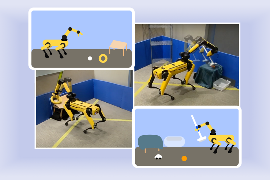 A four-panel composite showing a yellow quadruped robot with an articulated arm performing tasks in both illustrated simulations and real laboratory environments