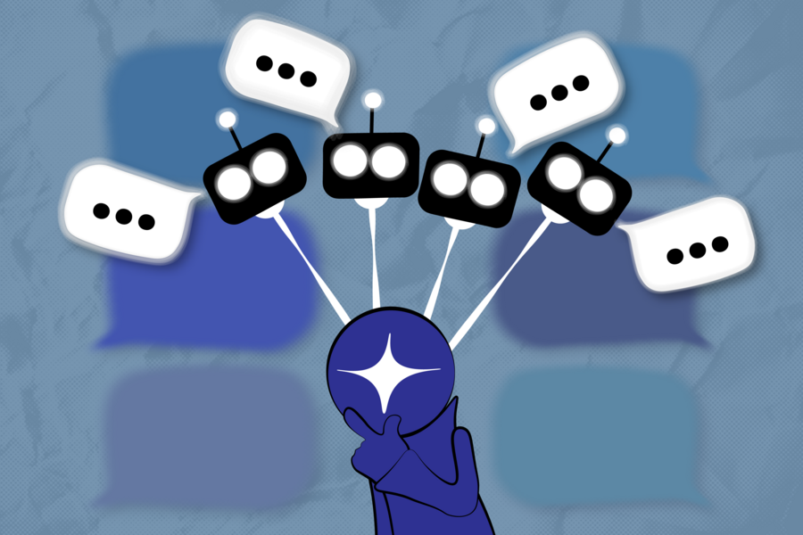 Illustration of a blue figure in thought with multiple small robot icons connected by lines overhead, each with a speech bubble, representing a network of small AI language models.