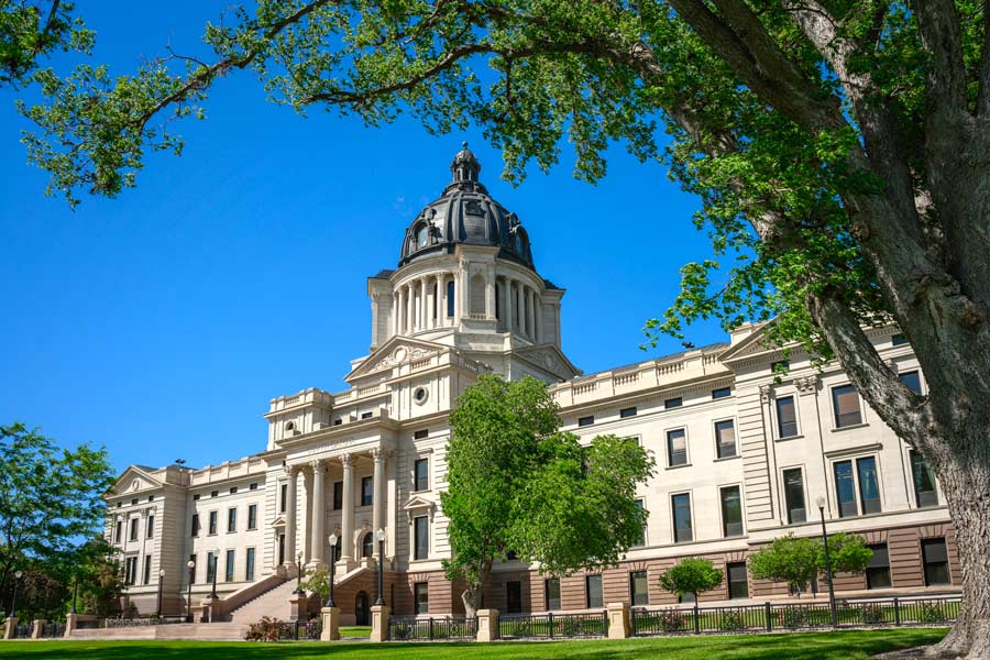 The South Dakota State Capitol building in Pierre, framed by spring tree branches against a clear blue sky, with its distinctive dark dome and Beaux-Arts facade.