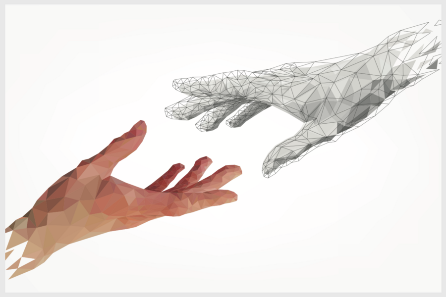 A low-poly illustration of two hands reaching toward each other — one rendered in warm skin tones, the other as a white geometric wireframe.