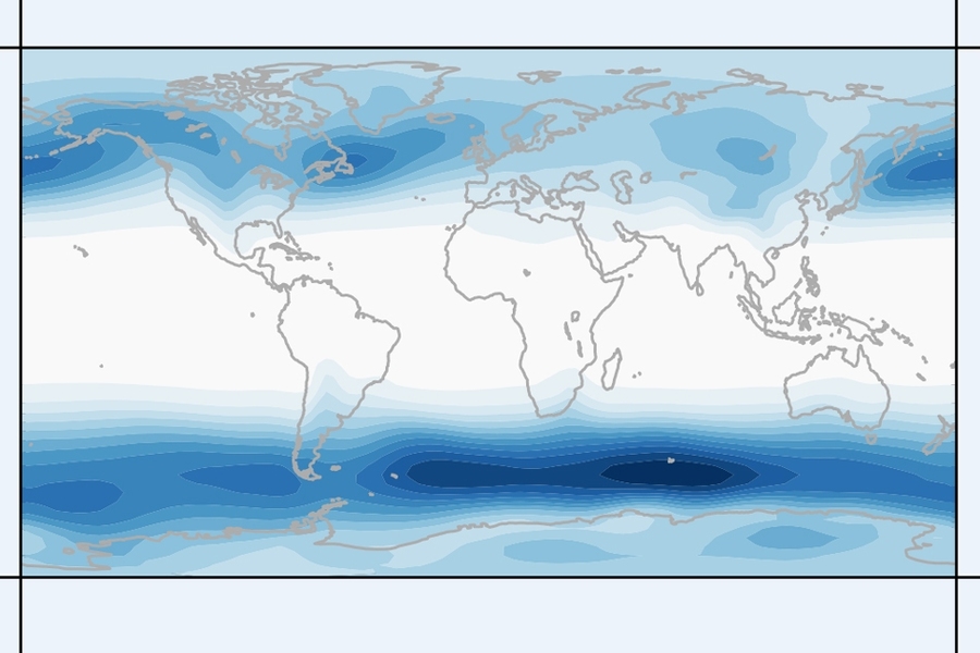 A global map showing solar radiation or atmospheric data in shades of blue, with the darkest concentrations near the poles and a lighter band across the equatorial region.