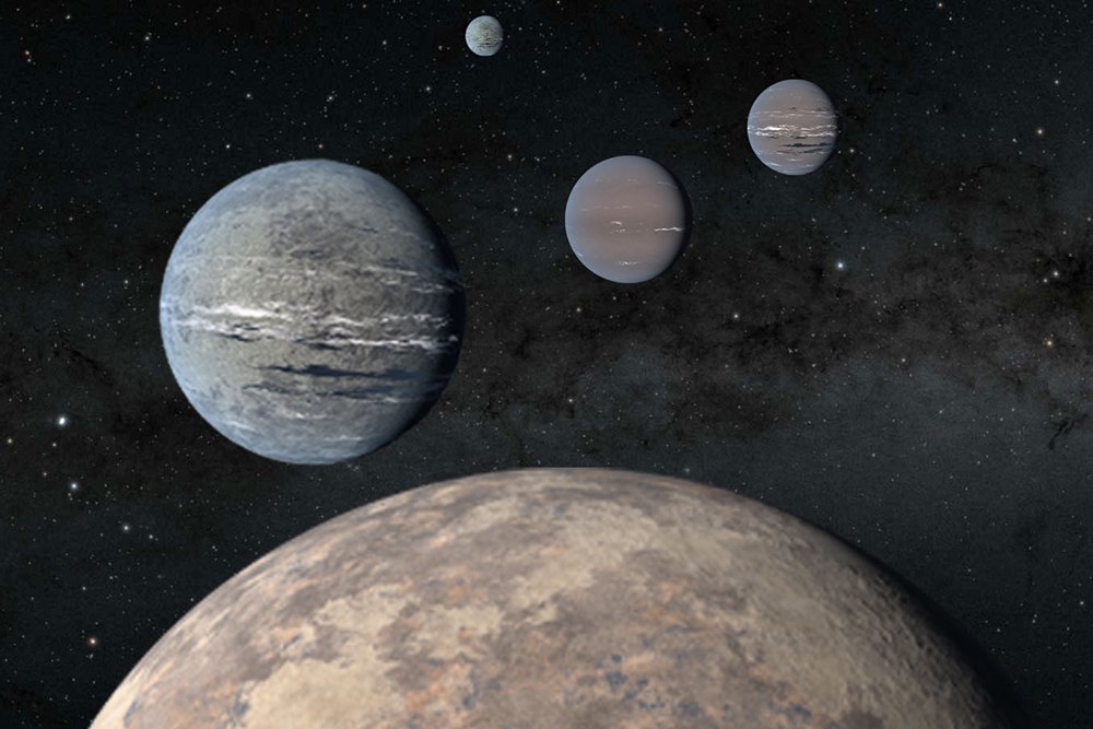 An artist's illustration of four exoplanets of varying sizes and textures floating in a starfield with the Milky Way visible in the background.